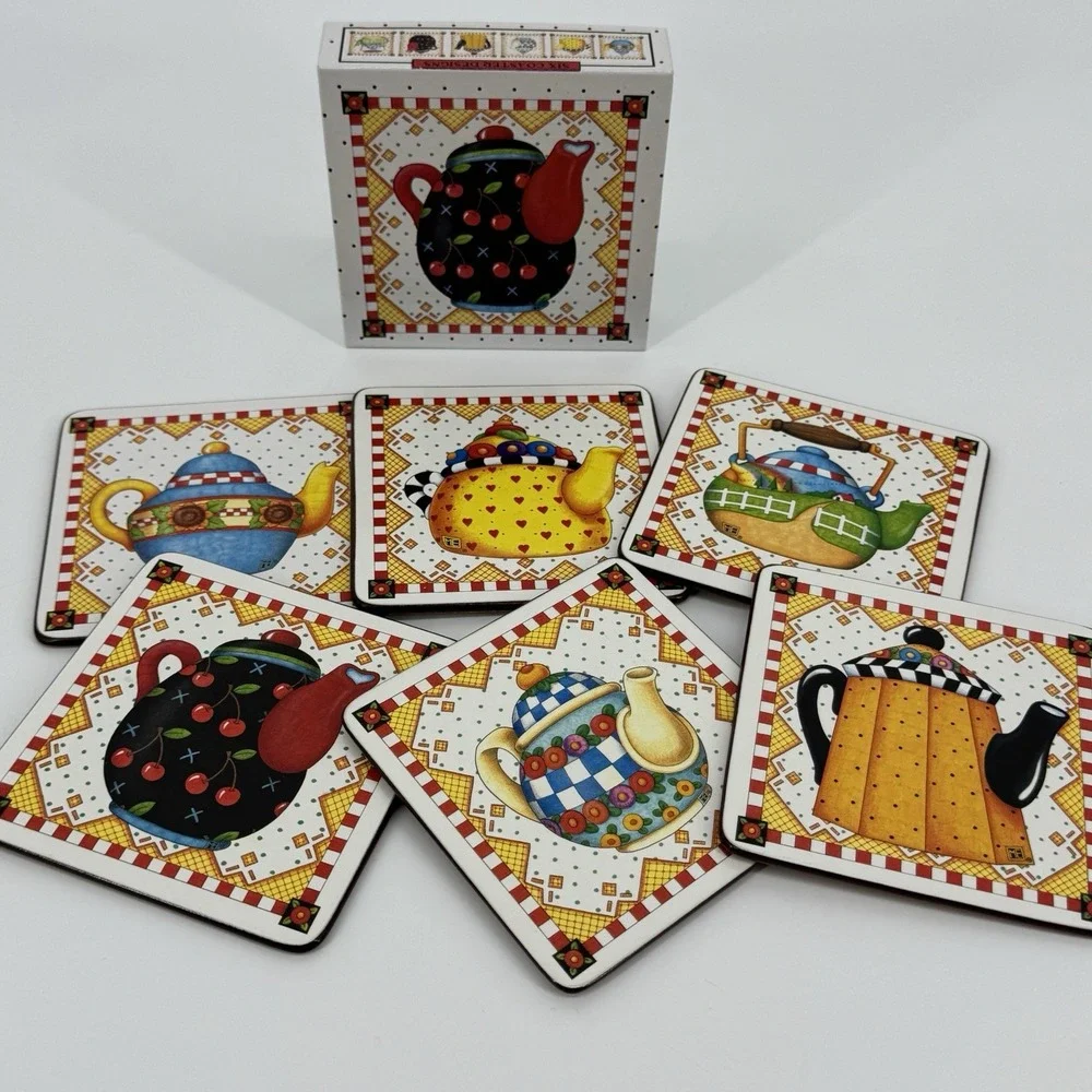 Mary Engelbreit Teapot Coasters Set of 6 Cork Backed Original Box Cottage Core